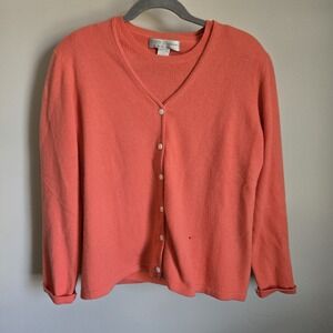 100% CASHMERE Twin Cardigan Sweater SET Size L 2 Piece Set Coral